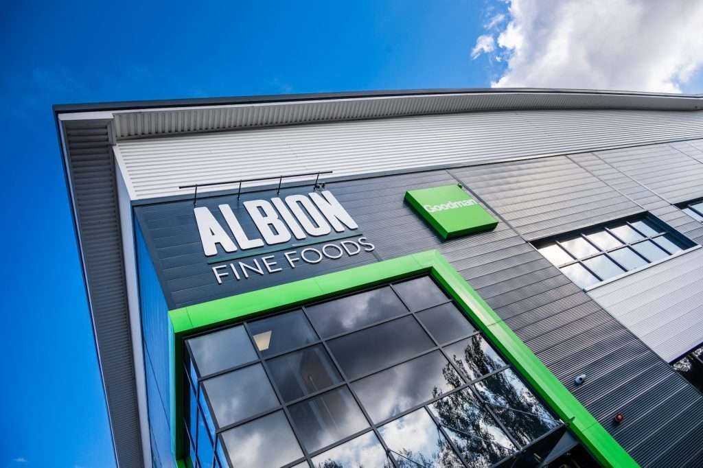 Albion Fine Foods building exterior with modern architecture and prominent signage, showcasing commercial property photography by Duncan MacBrayne in Reading, Berkshire.