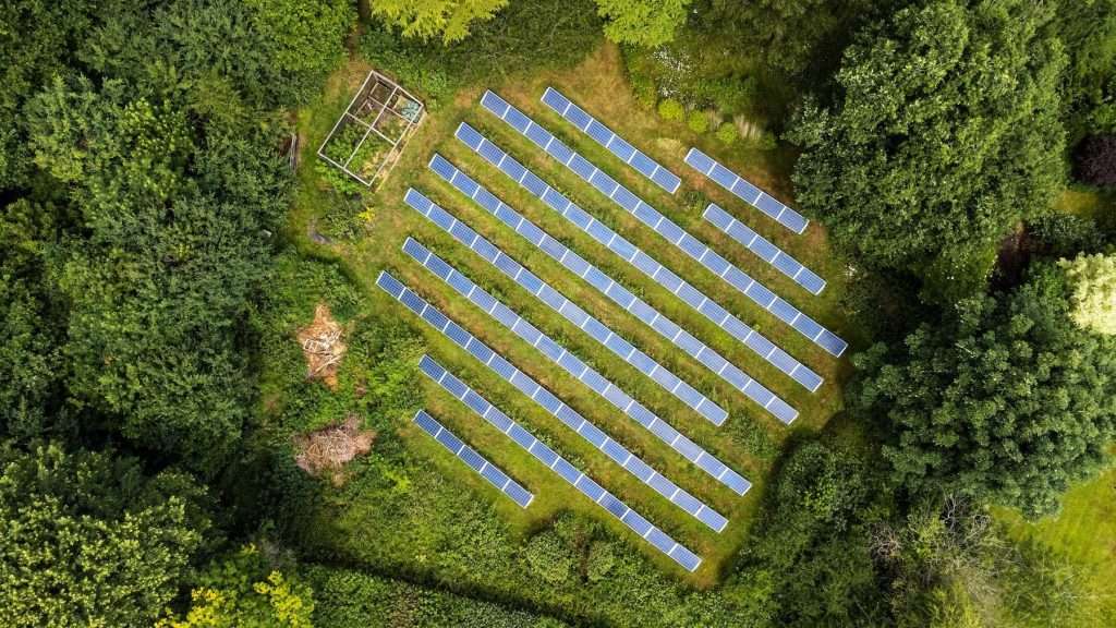 Aerial view of a solar panel installation surrounded by lush greenery, showcasing sustainable energy solutions in a natural setting.