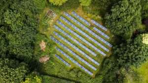 Aerial view of solar panels in a green field surrounded by trees, illustrating renewable energy solutions in an industrial setting.