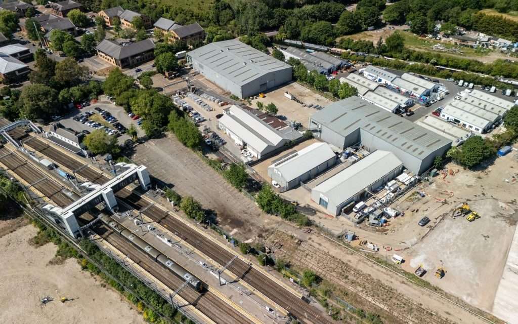 Aerial view of industrial buildings and railway tracks in Reading, Berkshire, showcasing commercial and industrial photography by Duncan MacBrayne.