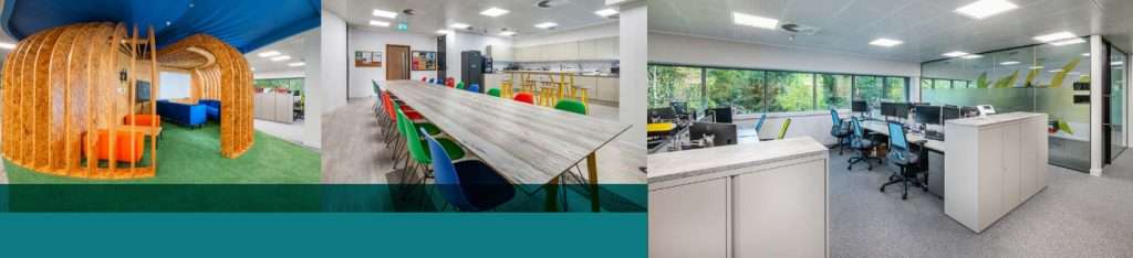 on-the-day - Duncan MacBrayne Modern office interior featuring collaborative seating area with colourful furniture, long meeting table, and workspace with computer stations, showcasing the architectural design and functional layout for commercial property photography.