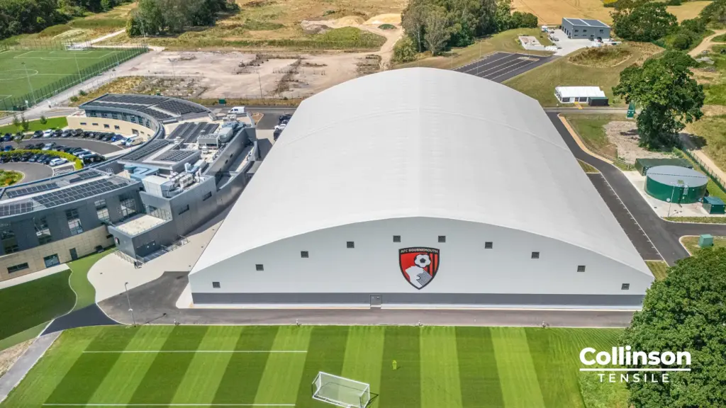 Aerial drone photograph of the Collinson Tensile indoor training facility at AFC Bournemouth's Canford training ground, Dorset