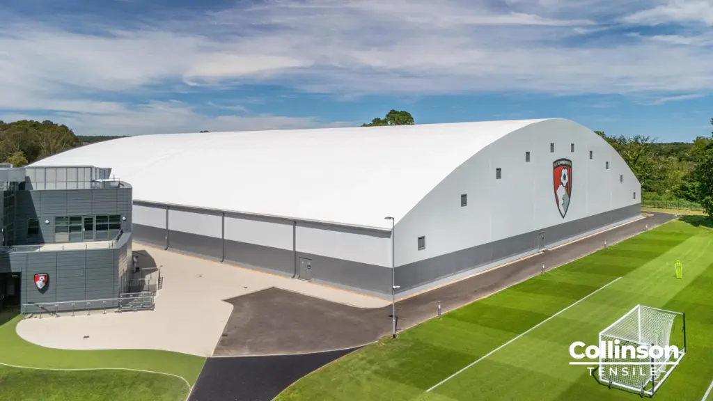 Collinson Tensile AFC Bournemouth Training Facility Exterior - Duncan MacBrayne Exterior view of AFC Bournemouth indoor football training facility tensile structure by Collinson Tensile, Canford, Dorset