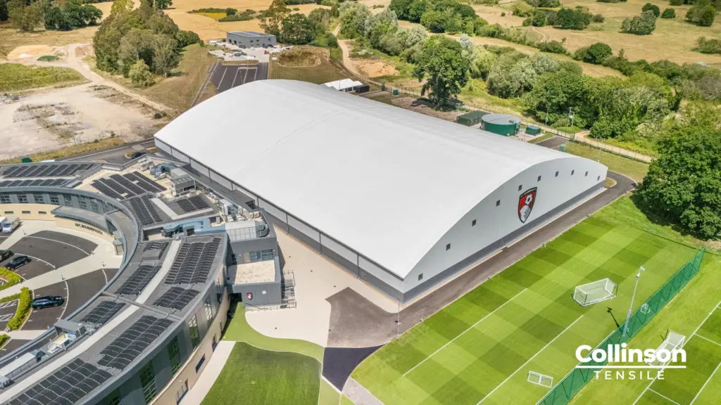 Collinson Tensile AFC Bournemouth Training Facility Dorset 003 Aerial view of the tensile membrane roof of the AFC Bournemouth indoor training dome at Canford, Wimborne, Dorset