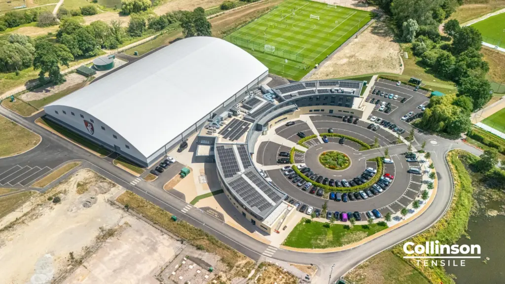 Collinson Tensile AFC Bournemouth Training Facility Site Context - Duncan MacBrayne High-level drone photograph showing the AFC Bournemouth training complex and Collinson Tensile indoor facility in context