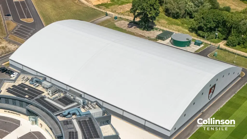 Collinson Tensile AFC Bournemouth Training Facility Drone View - Duncan MacBrayne Drone photograph of the 107-metre clear-span tensile structure built by Collinson Tensile for AFC Bournemouth