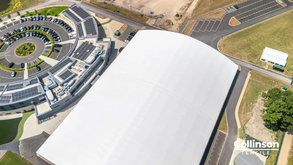Collinson Tensile AFC Bournemouth Training Facility Top-Down Aerial - Duncan MacBrayne Top-down aerial drone view of the Collinson Tensile indoor training facility roof at Canford, Dorset