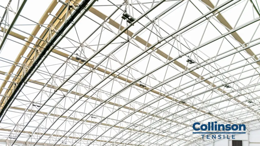 Collinson Tensile AFC Bournemouth Training Facility Steel Frame Detail - Duncan MacBrayne Detail of the precision-engineered steel space frame supporting the tensile membrane, Collinson Tensile, Canford